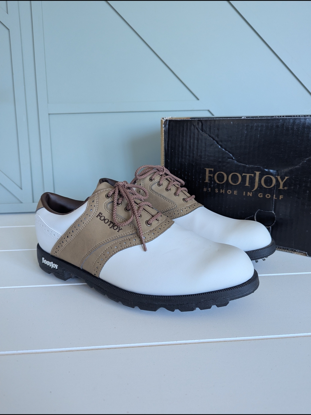 FootJoy Men’s Two-Tone White and Tan Golf Shoes